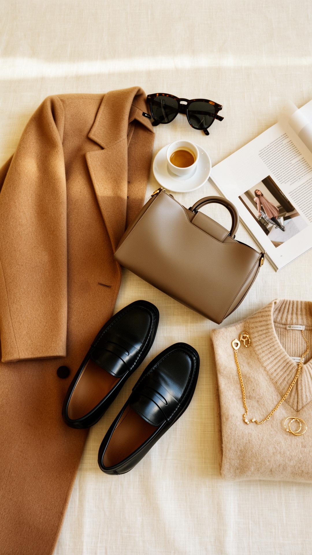 StyLu editorial still life — camel wool coat, leather loafers, structured tote, sunglasses, cashmere knit, gold jewelry and espresso